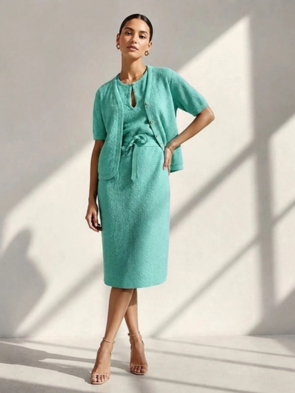 Vintage 70s Butte Turquoise Textured Knit Midi Dress Set Green Old Money Size 12
